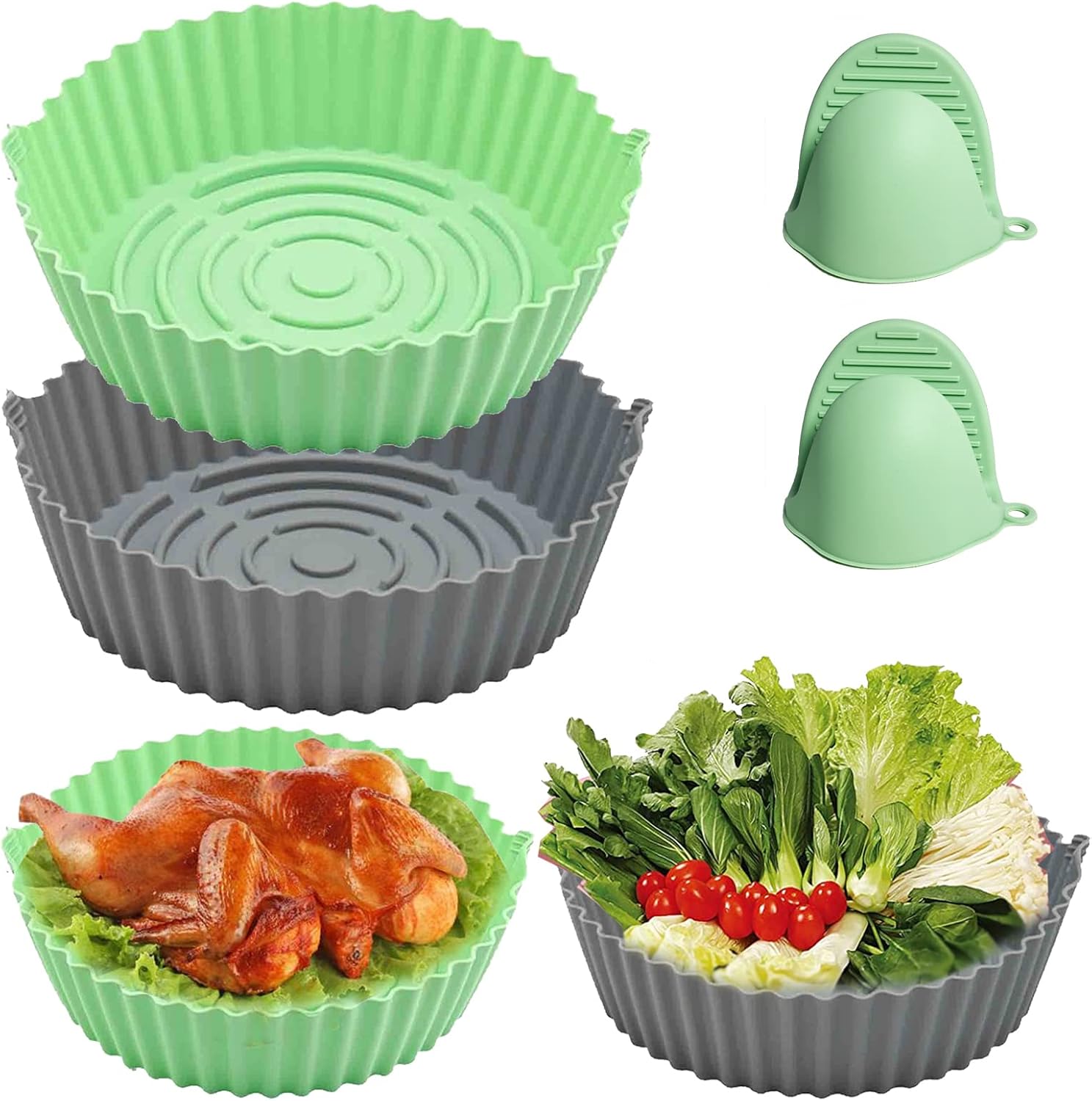 2 Pack Air Fryer Silicone Pots, 8 Inch Silicone Air Fryer Basket, Food Safe Air Fryers Oven Accessories, Reusable Air Fryer Round Silicone Liner Fits 3.6 To 6.8QT Air Fryer, GrayGreen