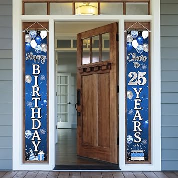 Happy 25th Birthday Decorations,25th Blue & Silver Balloon Birthday Theme Door Hanging Banner Sign - Cheers to 25 Years Old Bday Party Supplies.