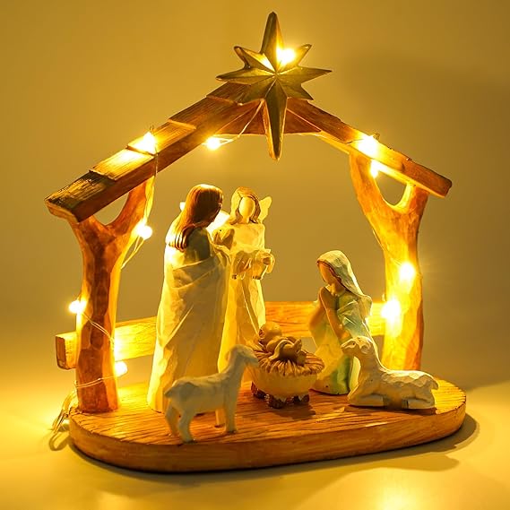 Nativity Set with LED Lights - Indoor Nativity Scene with Manger, Figures &amp; Story - Festive Christmas Decorations