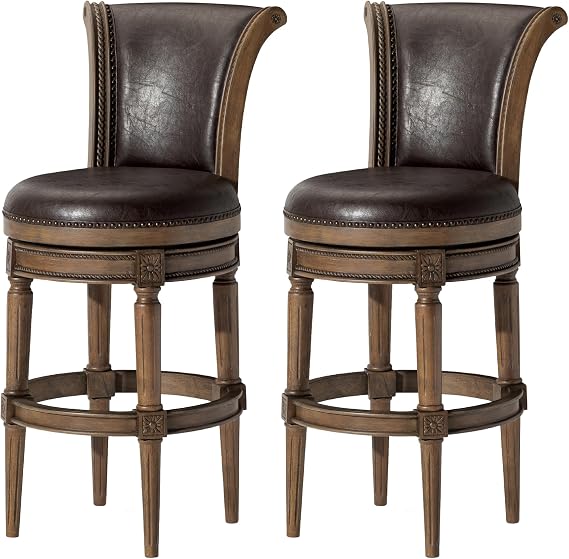 Maven Lane Pullman Bar Stool, Brown, Brown Faux Leather, 31", Set of 2 | Swivel Stool with Footrest, Solid Wood Frame and Upholstered Seat, Perfect for Bars, Pub Tables and Tall Kitchen Counters
