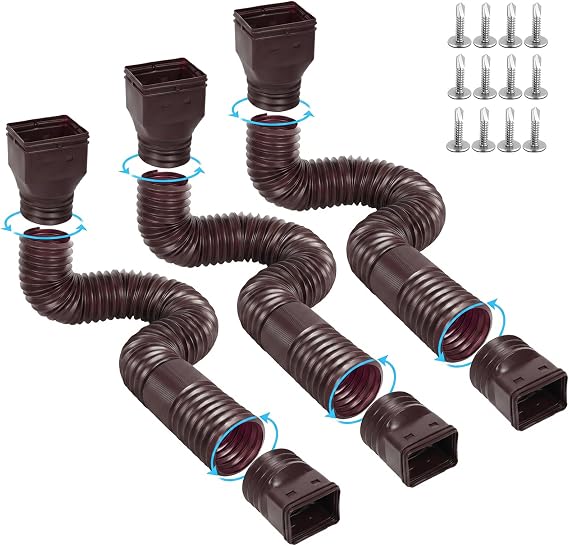 Ogutter Rain Gutter Downspout Extensions, Downspout Extender for Rainwater Drainage Flexible, Down Spout Drain Extension Pipe and Extendable from 21 to 66 Inches (3 Pack, Brown)