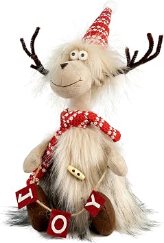Reindeer Christmas Decoration Plush Sitting Reindeer Figurine with Faux Fur Coat & Joy Banner, Rustic Tabletop Christmas Decor for Mantel, Shelf, or Gift Display