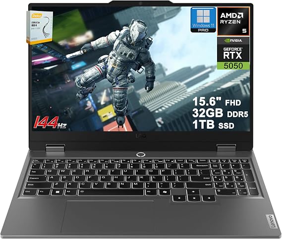 Lenovo LOQ Gaming AI Laptop | 15.6" FHD 144Hz (100% sRGB G-SYNC) | AMD 6-core Ryzen 5 220 | 32GB DDR5 1TB SSD | GeForce RTX 5050 440 AI Tops | Backlit 5MP Privacy Camera Win11Pro w/DLCA Accessory