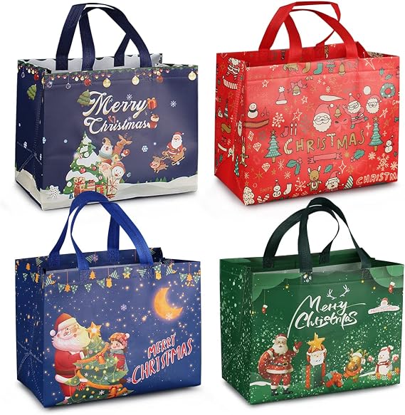 4PCS Christmas Bags for Gifts, Tote Bags with Handles, Christmas Treat Bags, Non-Woven Christmas Bags for Gifts Wrapping Shopping, Xmas Party Supplies