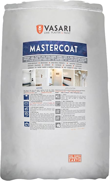 VASARI Lime Plaster & Paint | Mastercoat (Fortified Coarse Sand Plaster) | Base-Coat Where Durable Surfaces are Required | Made from Natural Lime and Powdered Marble | Dry Mix