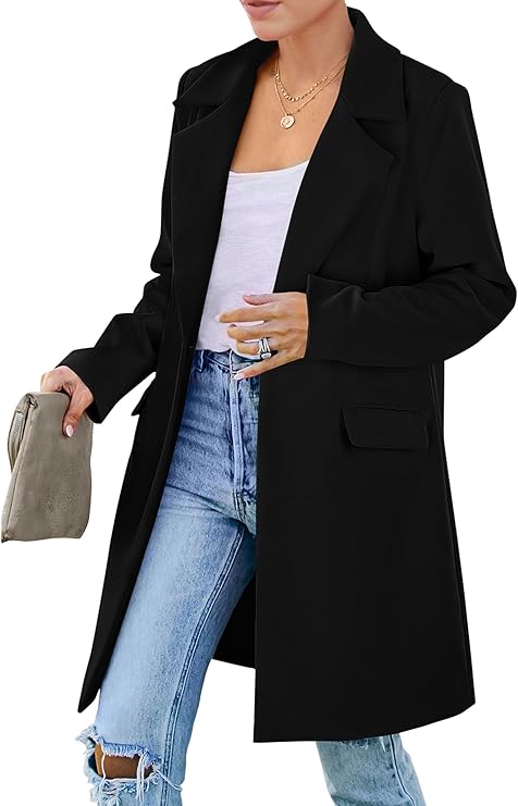 PRETTYGARDEN Women's Business Casual Long Blazer Jackets | Notch Lapel, Padded Shoulder, Long Sleeve Loose Fit, Winter Suit Jacket with Pockets, Office Work Outfits, Fall Clothes