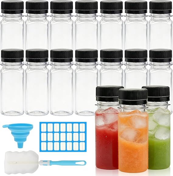 KASURE 14 pcs 2oz/60ml Plastic Juice Bottles, Empty Ginger Shot Bottles with Lids, Reusable Mini Clear Shot Bottles with Label, Funnel and Brush for Drinks Smoothies Juices Milk