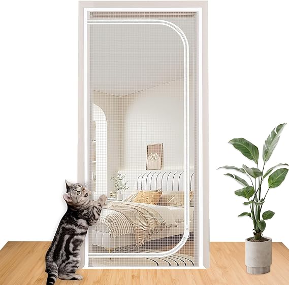 6.73×2.95ft White Polyester Cat Screen Door, Self-Adhesive & Scratch-Proof Mesh Pet Gate with Double-Sided Zippers, Cat Barrier Fits 6.56×2.79ft Doors for Living Room, Bedroom, Kitchen & Balcony