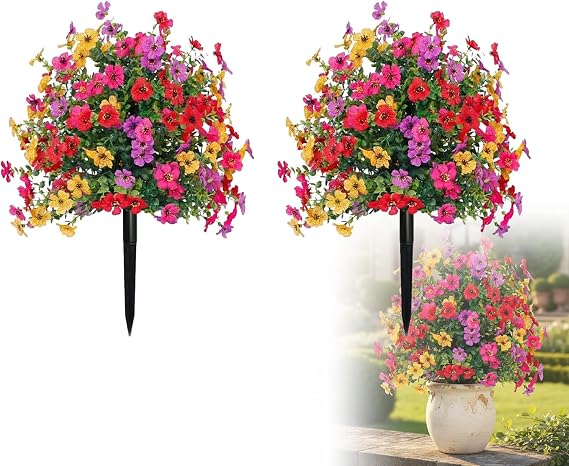 Artificial Petunias with Ground Stake, 22 Inch Artificial Flowers for Outdoors Stick in Ground, Lifelike Decorative Flowers for Indoor Outdoor Home Decor (2Pcs)