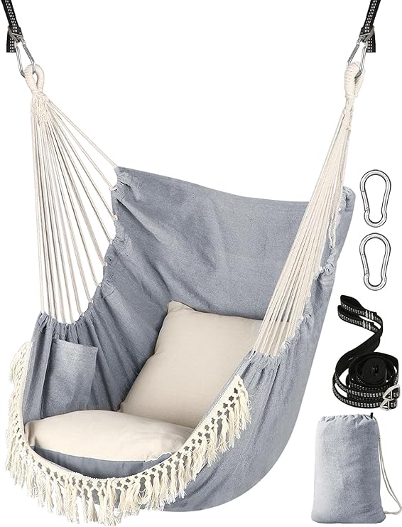 Chihee Hammock Chair Hanging Swing 2 Seat Cushions Included,Strong Webbing Straps and Hooks for Easy Hanging Soft Cotton Weave Hanging Chair Side Pocket Large Tassel Chair Set Comfort Indoor Outdoor
