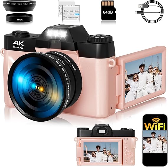 Vlogging Camera, 4K 48MP Digital Camera for Photography, 16X Digital Zoom, Vlogging Camera for YouTube with180 Degree Flip Screen, Wide Angle Lens, 2 Batteries and 64GB Micro SD Card (Pink)