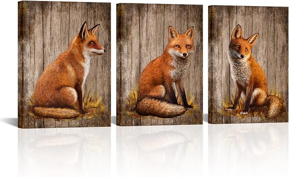 RnnJoile Red Fox Canvas Wall Art Fox Portrait Picture Prints Rustic Wild Animal Painting for Cabin Home Living Room Wall Decor Framed 12"x16"x3pcs (Small)
