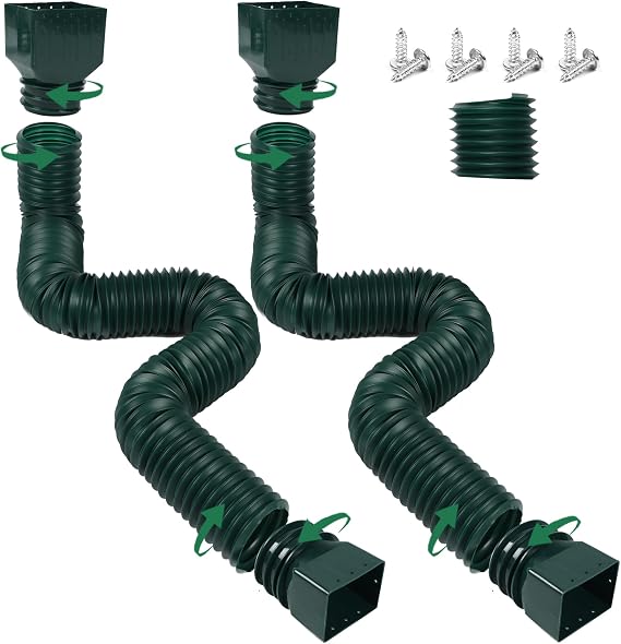 2 Pack Rain Gutter Downspout Extensions, Upgraded Flexible Drain Downspout Extender, Rainwater Drainage Diverter with Mini Connector, Extendable from 20 to 127 Inches(Green)