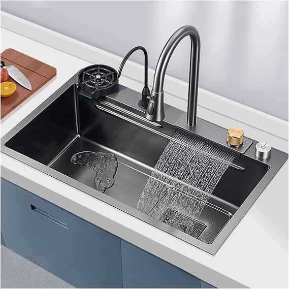 304 Stainless Steel Handmade Kitchen Sink Multi-Purpose Waterfall Bar Sink Black Nano Rv Sink with Pull-Out Faucet and Cup Washer Top Mount Or Undermount (Color : Black, Size : 68x45x22cm)