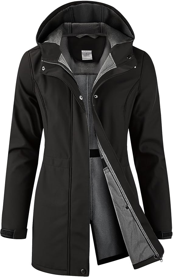 Women's Waterproof Softshell Rain Jacket Fleece Lined Hood Long Coat | Warm, Windbreaker, 2 Hand Zippered Pockets, 2-Way Full Zip, 3-Layer Fabric for Outdoor Activities, Hiking, Daily Wear