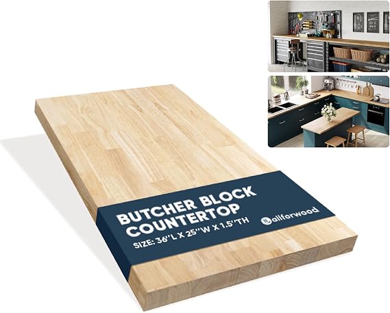 Hevea Solid Wood Butcher Block Countertop, Unfinished Butcher Block Table Top for DIY Washer Dryer/Island/Kitchen Countertop, 3ft L x 25" W, 1.5in Thick (36''L x 25''W x 1.5''Th)