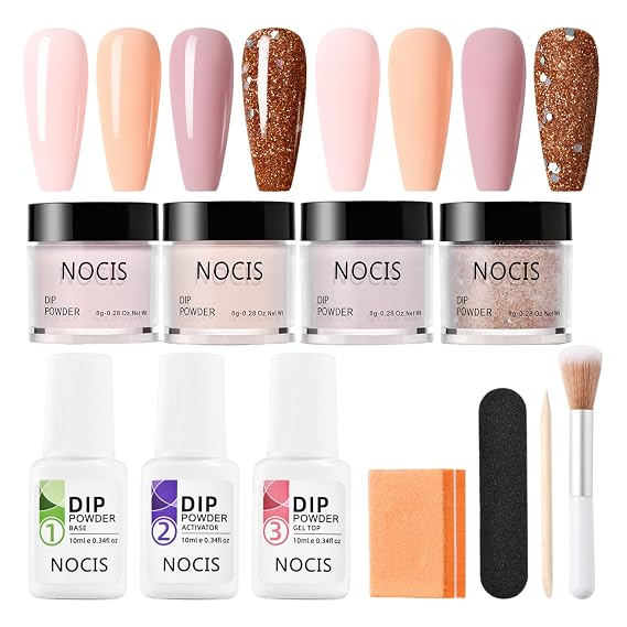 Dip Powder Nail Kit, 4 Colors Nail Dipping Powder Kit for Home DIY Salon Art, Glossy or Frosted Finish with Base Top Coat Activator