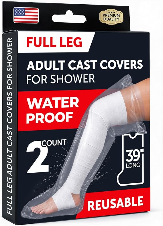 100% Waterproof Leg Cover for Shower - 2pk - Tight Seal - Reusable Adult Full Leg Cast Protectors - Knee, Ankle, Foot - After Surgery Bandage and Dressing Cast Bag for Wounds and Burns