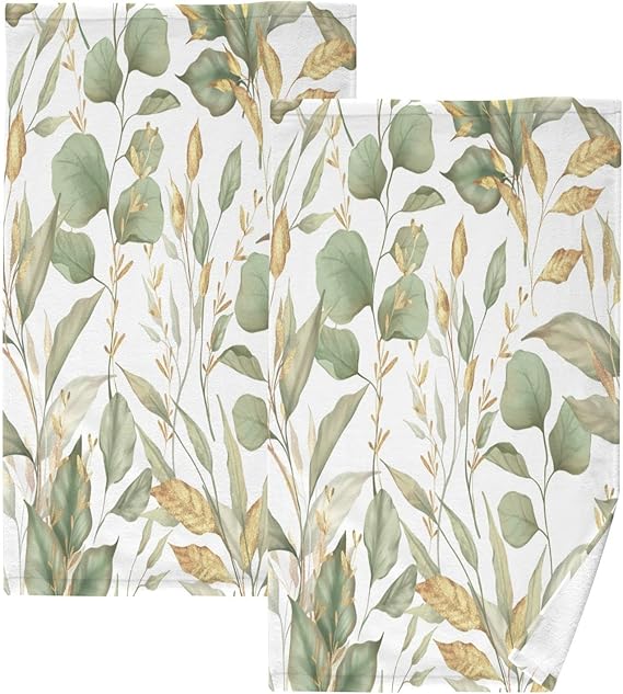 Kigai Green Gold Leaves Hand Towels Set of 2, Highly Absorbent Soft Towel Decorative Cotton Hand Towel for Kitchen Bathroom 16x28 Inch