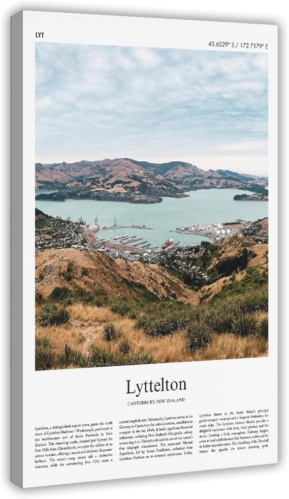 Lyttelton Color Print Lyttelton Real Photo Poster Travel Poster Gift Canterbury New Zealand Travel Minimal City Print Landscape Living Room Office Bedroom Canvas Deco Painting Frame 12x18inch