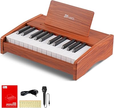 Kids Piano Keyboard, 25 Keys Digital Keyboard Mini Music Educational Instrument Toy, Rechargeable Wood Piano for 3yr Girls Boys Beginner Toddler Brown