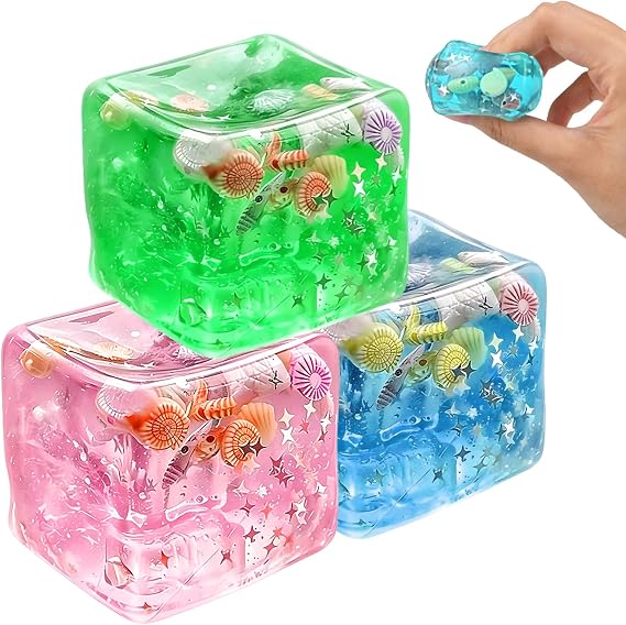 3 Pcs Squishy Cube, Ocean Shells Ice Cube Squishy Fidget Toys | Slow Rise Squishies Stress Balls for Adults & Teens, Soft Squeeze Sensory Toys for Stress and Anxiety Relief