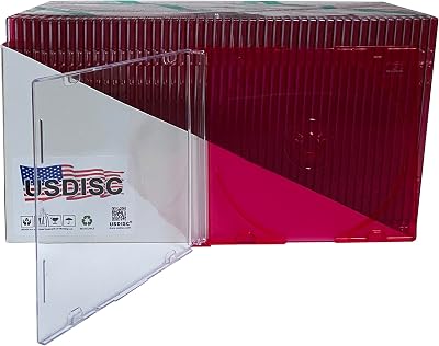 USDISC CD Jewel Cases Slimline 5.2mm, Single 1 Disc, Clear Red, Pack of 25