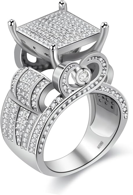 Uloveido Women's 0.4" Wide Square Cluster Engagement Heart Architecture Ring, Cocktail Bling Ring for Her RA0221