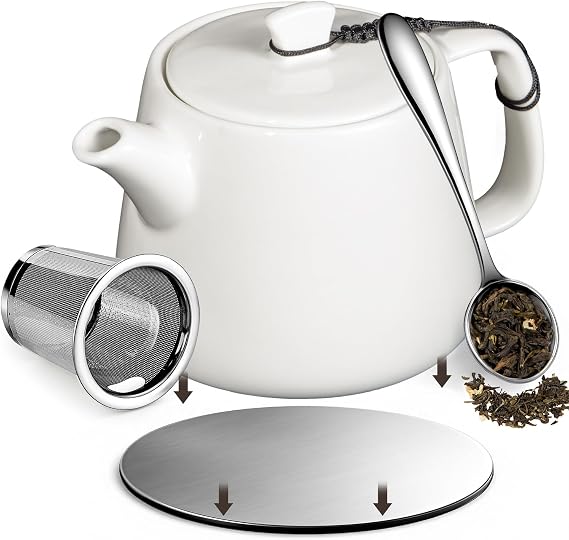 Brew To A Tea Stump Teapot with Strainer, Removable Infuser Tea Pot Handmade for Loose Leaf Tea & Coffee 600ml/20.29oz, Heat-Resistant Ceramic Tea Pot, White