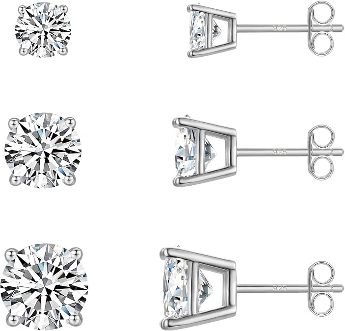 Sterling Silver Stud Earrings for Women- 3 Pairs Tiny CZ Cubic Zirconia Cartilage Earrings Set Small Tragus Earrings