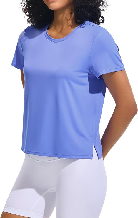 Ice Silk Women's Short Sleeve Workout Shirts Loose Fit Side Slits Athletic Tee Tops