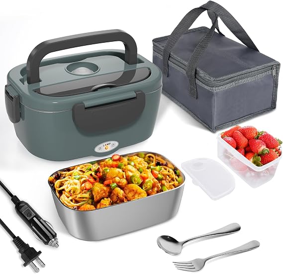 Akhia Electric Lunch Box for Adults Food Heater 80W Heated Lunch Box for Men Work Car Truck 1.5L Portable Food Warmer Heating Lunch Box with 304 Stainless Steel Container12V/24V/110V/220V Food Heater