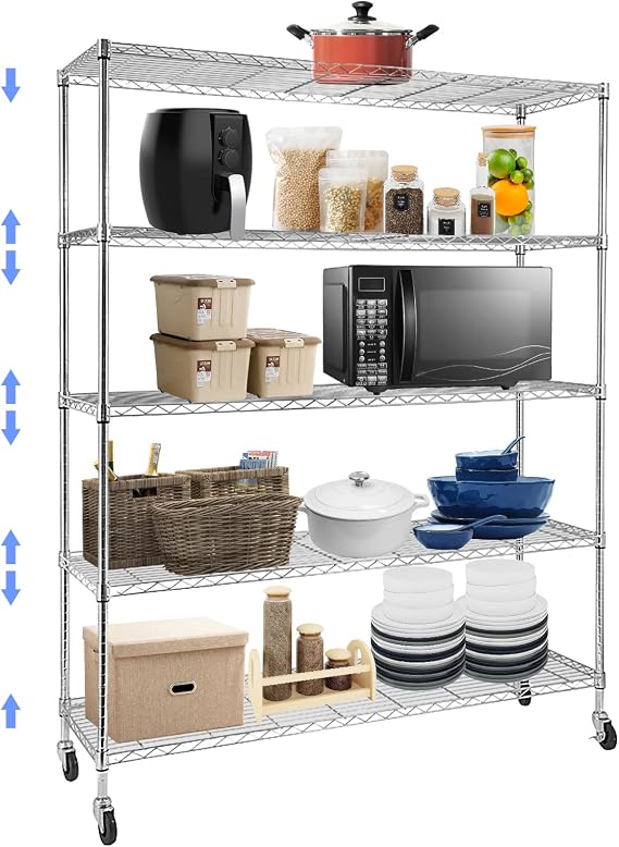 BNSPLY Commercial Wire Shelving Unit with Wheels, 5 Tier Adjustable Wire Shelves with NSF Certified, Heavy Duty Metal Storage Rack Shelf Unit for Kitchen, Garage (17.7" D x 59" W x 71" H, Chrome)