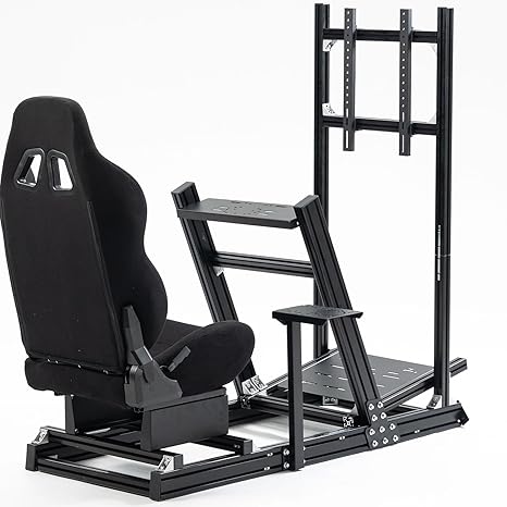 Hottoby F1 Racing Simulator Cockpit with Black Seat & Monitor Frame Fit for Logitech G25 G27 G29 G923,for Thrustmaster T80,for Fanatec,Aluminum Profile Truck,No Handbrake,Pedals & Steering Wheel