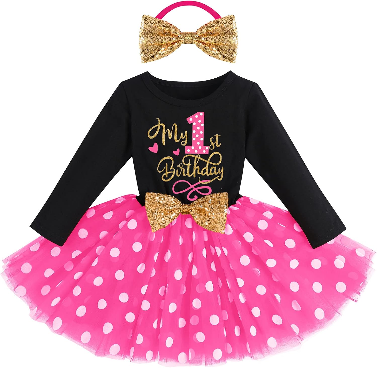 Baby Girls My 1st 2nd 3rd Birthday Polka Dots Dress w/Headband Long Sleeve Sequin Princess Tutu Cake Smash One Party Gown