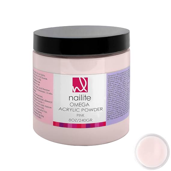 Omega Professional Acrylic Powder for Nail Extension System, Extra Adhesion, Resistant, EMA Formula and Non-Yellowing Effect Translucent Pink (8 Oz.)