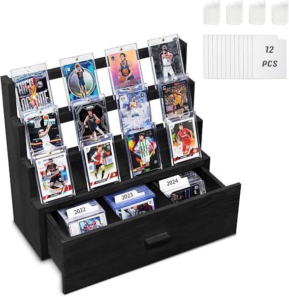 Trading Card Display, 3-Tier Wooden Trading Card Storage with Custom Drawer, Graded Card Storage with Card Supporters and Dividers, Sports Card Display Case for Card Game Collection (Black)