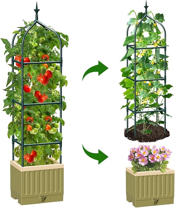 Raised Tomato Planter Box, 180 CM Self-Watering Trellis Planter with Wheels for Climbing Plants, Raised Bed Planters with Trellis for Garden Indoor Outdoor Patio Balcony