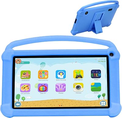 YQSAVIOR Kids Tablet Android 12 7 inch IPS Screen 4GB RAM 32GB ROM for Toddler, Parental Control, 25MP Dual Camera, Shockproof Case for Educational and Games, Blue