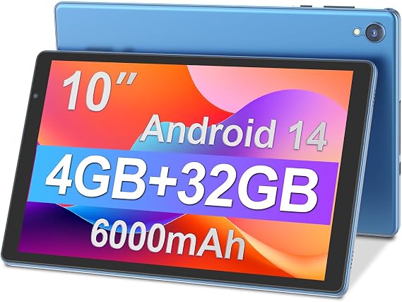 Android Tablet, 10 inch Android 14 Tablet, Quad-core CPU, RAM 4GB(2G+2G), ROM 32GB (Up to 1TB), 800x1280 IPS, WiFi 6, 2MP+2MP, 6000mAh, Blue (Blue)
