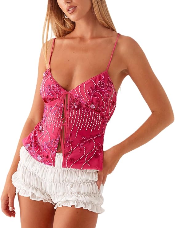 MISSACTIVER Womens Y2K Sequin Cami Tops Sexy Sparkle Lace Up Crop Top Tie Front Backless Low Cut V-Neck Straps Tank Top
