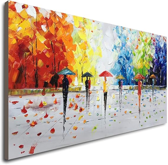 100% Hand-painted Textured Romantic Wall Art Couple Walking in The Rain Abstract Street Walk Artwork Colorful Landscape Oil Painting on Canvas for Living Room Bedroom Decor