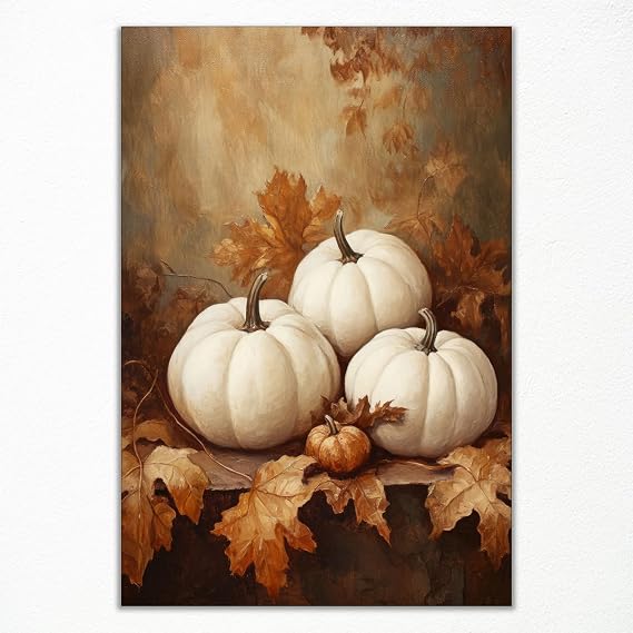 Xianyojafa Rustic Farm Pumpkin Fall Leaves Posters, Farmhouse Autumn Canvas Wall Art, White Pumpkin Still Life Painting Pictures, Halloween Thanksgiving Autumn Wall Print Decor 24x36in Unframed
