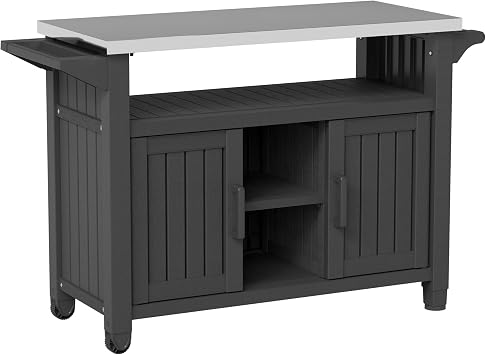 Bifanuo Resin Outdoor Grill Cart, Outdoor Kitchen Island with Stainless Steel Top & Storage Cabinet for Kitchen Prep, Weatherproof Grill Table for BBQ Food Prep, Black