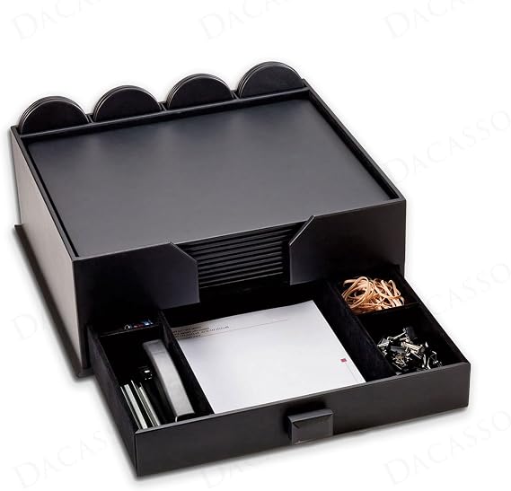 Dacasso Black Leatherette Luxury Accessory Set with Drawer, 10 Seat Conference Room - 17" x 14" Table Mat Desk Pad Blotters and Coasters for Boardroom