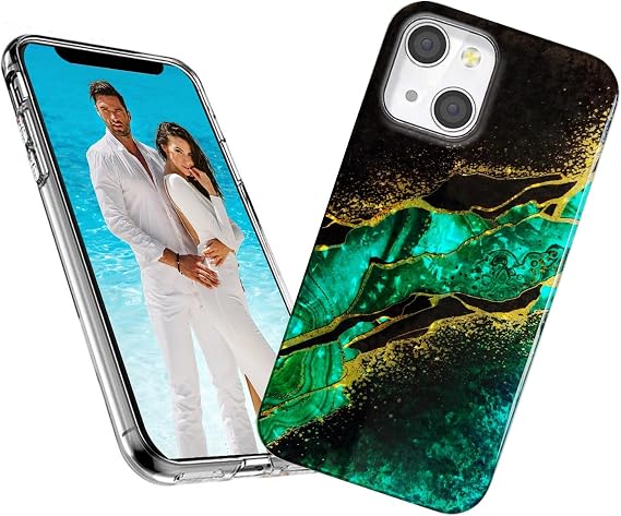 Cute Case for iPhone 14 13 Case for Girl Women, Glitter Pearl Luster Shell Shiny Sparkle Bling Slim Soft TPU Protective Back Phone Case Cover for iPhone 14 13 6.1,Elegant Green Gold Marble