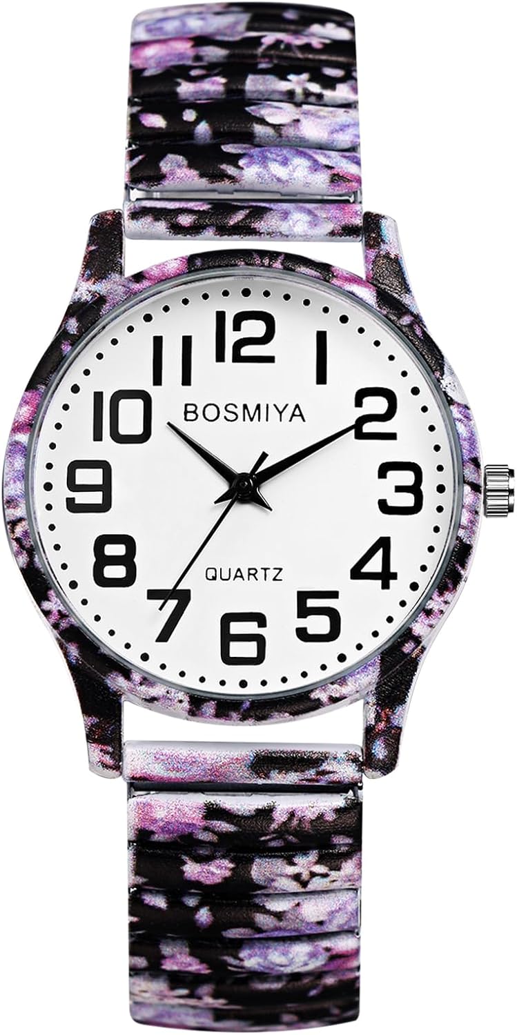 Avaner Womens Elastic Wrist Watches: Boho Printed Stretch Strap Big Number Analog Quartz Easy Reader Bracelet Bangle Watch