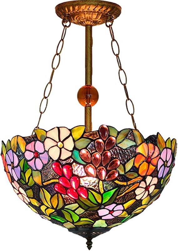 Tiffany-Style Ceiling Light,Victorian Art Anti-Chandelier,Green Pink Brown Blue Stained Glass Grape Shade,16" Ceiling Pendant Light for Living Room Dining Room,20" Metal Chain