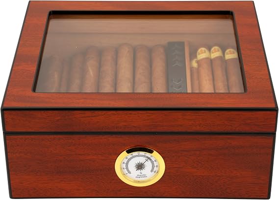 Premium Spanish Cedar Cigar Humidor with Glass Top, Sapele Cherry Finish, 25-50 Cigar Capacity, Built-In Hygrometer and Humidifier