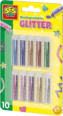 SES Creative 00252 Biodegradable Glitter - 10 Vibrant Colours for Eco-Friendly Crafting - Includes Light Blue, Red, Green, Gold, and More - Safe and Sustainable for Kids Aged 3